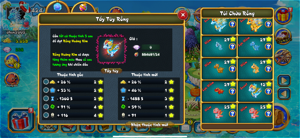 Interface of the Đảo Rồng Mobile game showing dragon attribute upgrades and character inventory