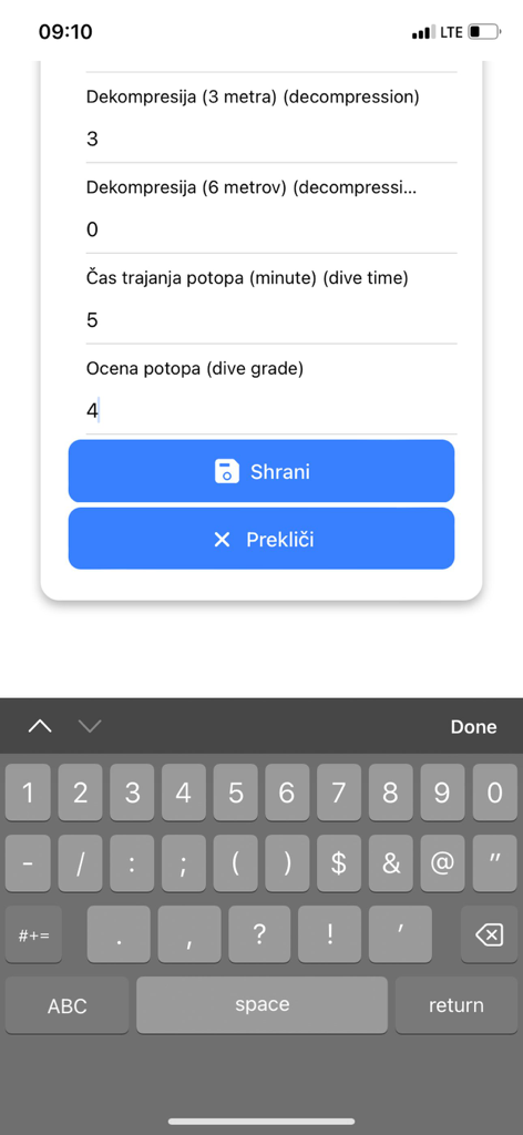 SPZ App - SPZ App screen for entering dive details like decompression and time
