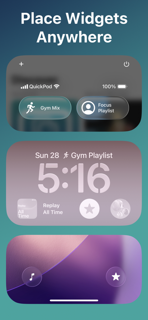 QuickPod - Music Widgets - Customizable music widgets displayed on an iPhone lock screen and control center.