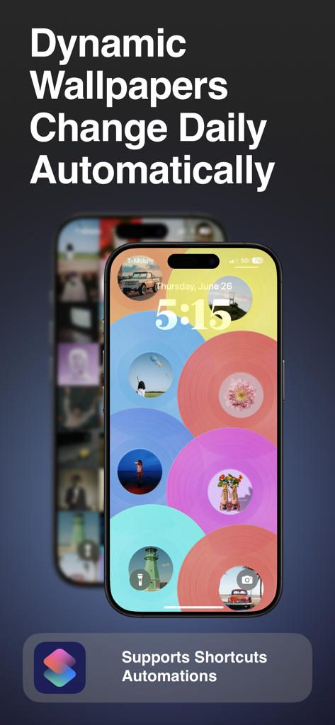 Opus - Music Wallpaper - iPhone lock screen showing dynamic music wallpapers with vinyl record designs and Shortcuts automation support