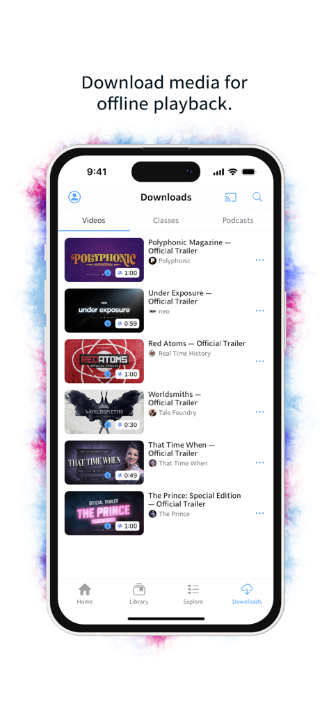 A mobile interface of the Nebula app showing a list of downloaded videos for offline playback including trailers and originals.