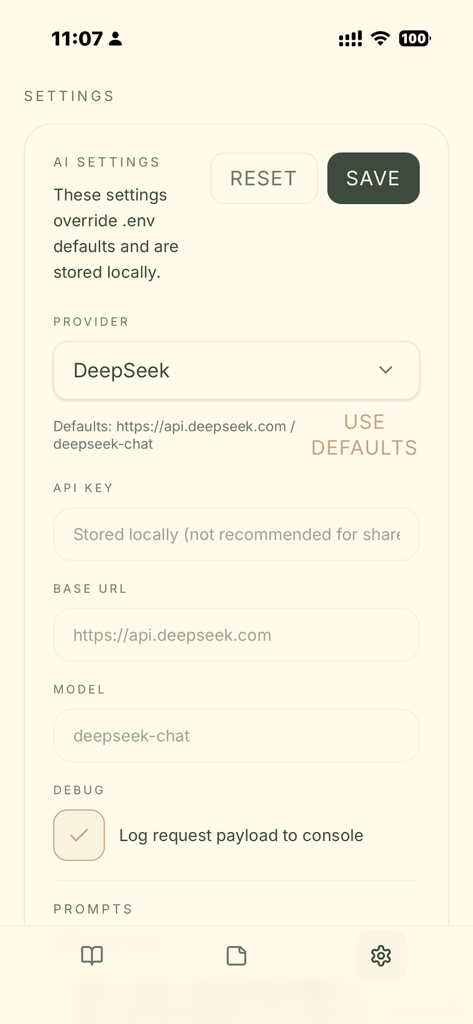 EasyReadAI：AI伴读阅读器 - EasyReadAI mobile app settings page showing DeepSeek AI configuration and local data options