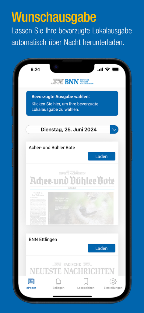 Interface de l'application BNN ePaper pour la sélection et le téléchargement des éditions locales de journaux allemands