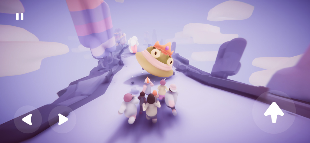 Populus Run - Un grupo de personajes coloridos corriendo hacia un jefe macaron gigante coronado en un paisaje pastel surrealista de Populus Run.