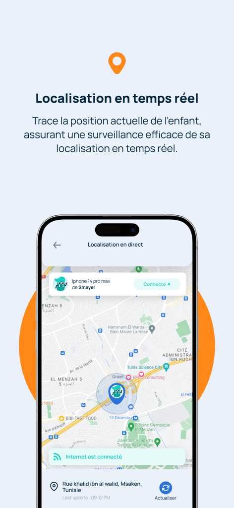 Kidcare : Contrôle parental - Interfaz de la aplicación de control parental Kidcare que muestra el seguimiento de ubicación GPS en tiempo real en un mapa