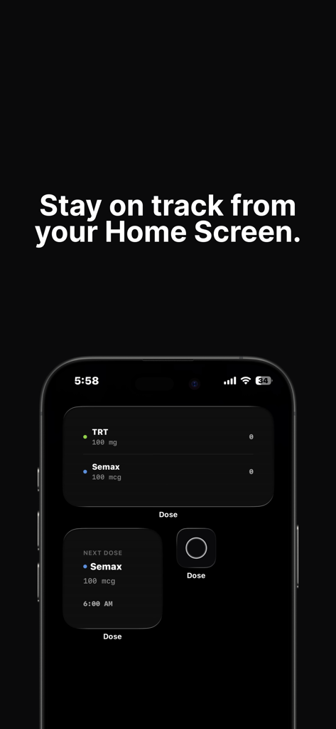 Dose: Peptide Tracker - Dose app widgets on an iPhone home screen tracking TRT and Semax peptide dosages