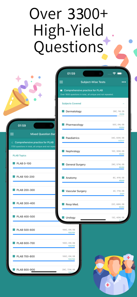 Interfaccia dell'app PLAB QBank PRO che mostra domande d'esame medico per materia e argomenti di studio.