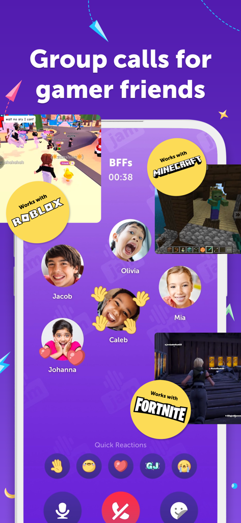 Kinzoo: Fun All-Ages Messenger - Interface d'appel vidéo de groupe de l'application Kinzoo pour enfants avec intégrations Roblox Minecraft et Fortnite