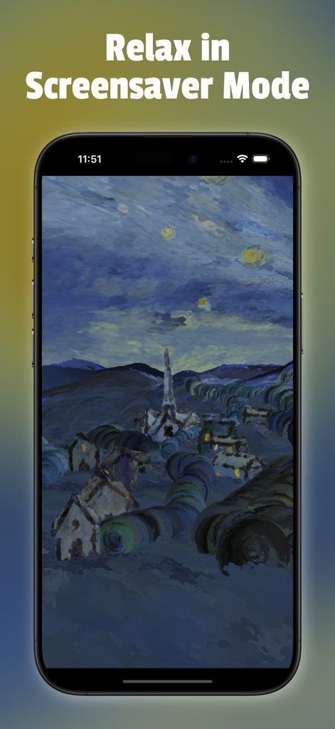 Starry Night Interactive - Un smartphone mostrando la aplicación Starry Night Interactive en modo salvapantallas con una vista animada en 3D del icónico pueblo y cielo.