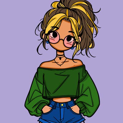 girl with a messy ponytail glasses a baggy crop top and jean shorts