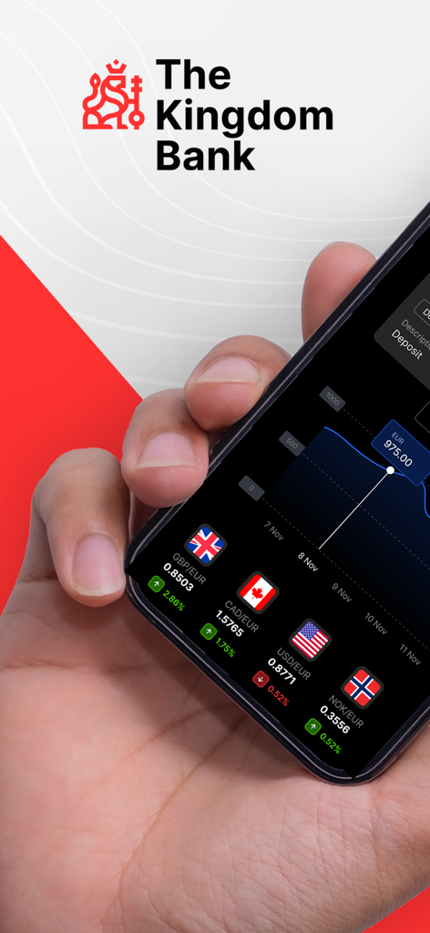 Hand hält ein Smartphone, das Wechselkurse und eine Finanzgrafik in der The Kingdom Bank App anzeigt