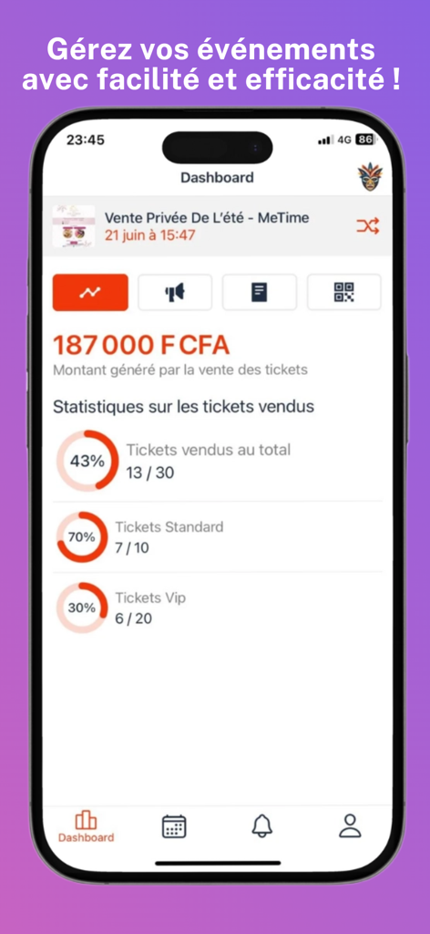CFA 프랑으로 티켓 판매 통계 및 수익을 보여주는 Sanbbiz 앱의 주최자 대시보드.