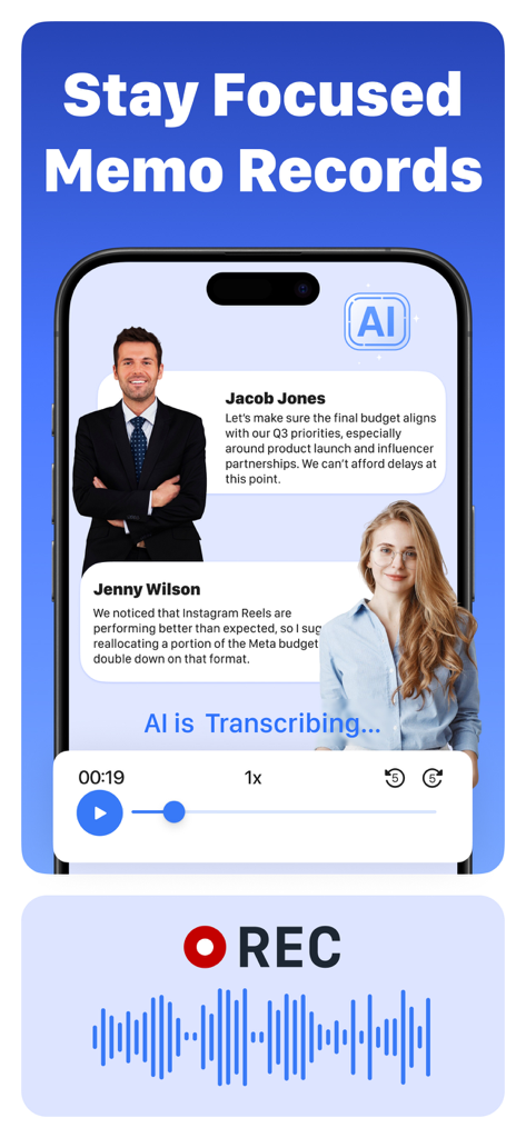 AI Note Taker: Meeting Notes - Smartphone screen displaying the AI Note Taker app transcribing a business meeting with speaker identification and audio waveforms.