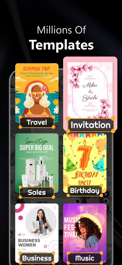 AI Logo Maker: Flyer Generator - A collection of design templates for categories like travel, invitation, sales, birthday, business, and music festivals.