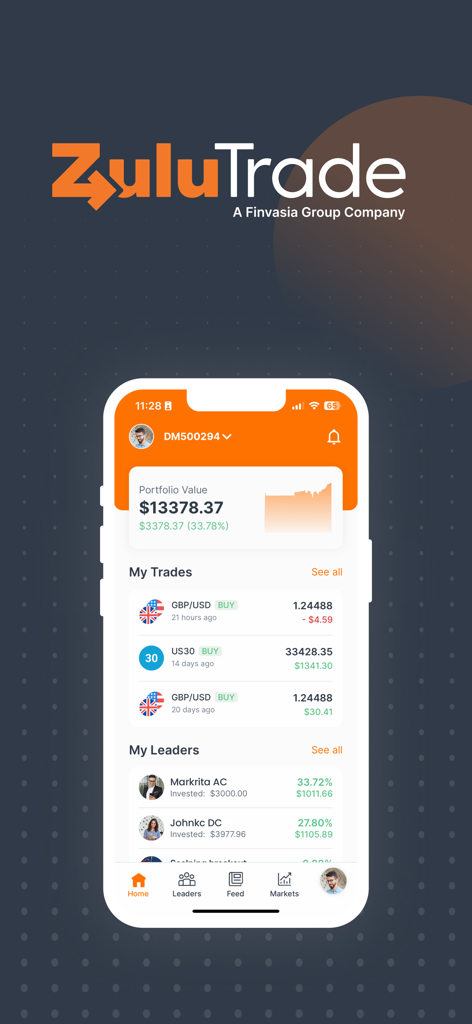 Interface do aplicativo móvel ZuluTrade mostrando um painel de portfólio de investimentos com traders especialistas seguidos