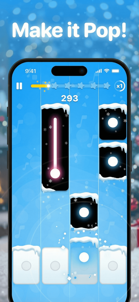Piano Pop: Music Game Tiles - Gameplay do jogo de música Piano Pop mostrando peças cobertas de neve e um tema de inverno.
