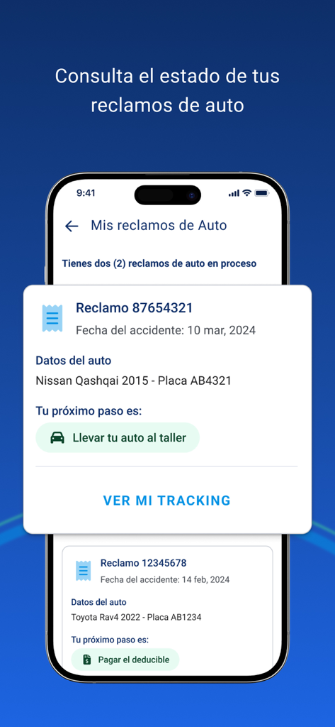 ASSA Compañia de Seguros - Mobile app screen showing the status and tracking of car insurance claims in Spanish.