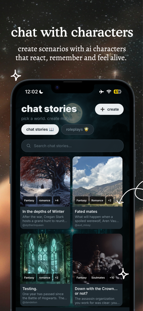 The Kindred app interface showing a gallery of interactive AI chat stories and roleplay scenarios including fantasy and romance genres.