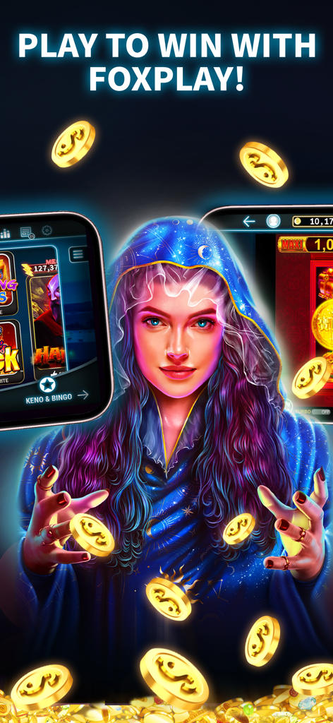 Mystical fortune teller woman surrounded by floating gold coins and mobile slot games