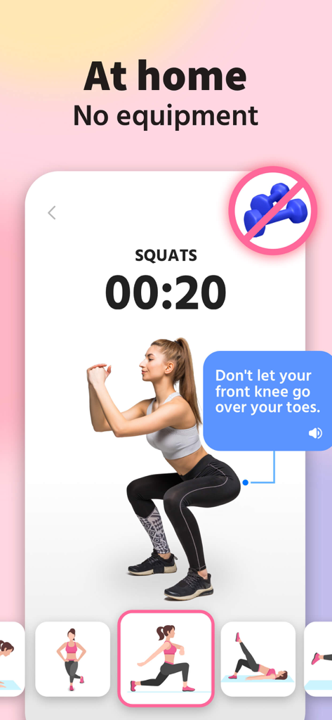 Female Fitness app interface showing a woman doing squats with real time coaching and no equipment needed
