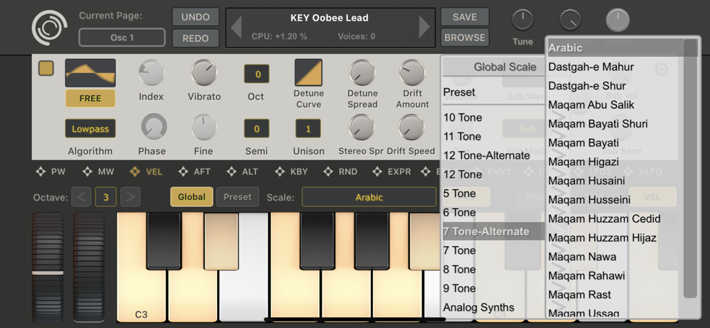 SynthMaster One - Interface of the SynthMaster One app showing the microtuning and Scala tuning menu with Arabic scales selected.
