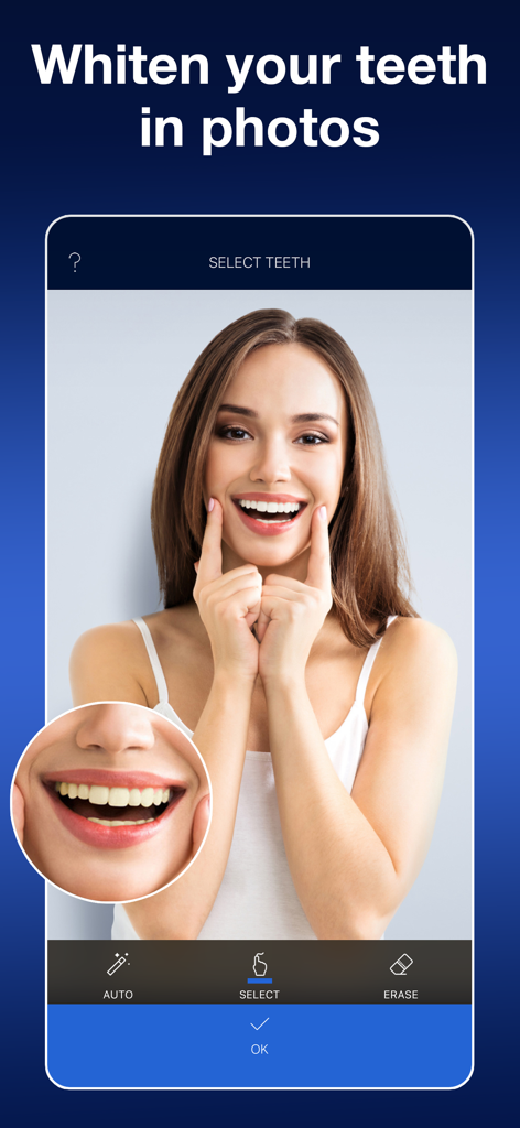 La aplicación AI Blanqueador de Dientes muestra la función de selección automática para blanquear una sonrisa en un retrato.