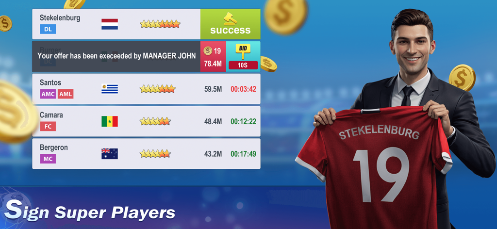 A soccer manager holding a team jersey after signing a new player in the transfer market