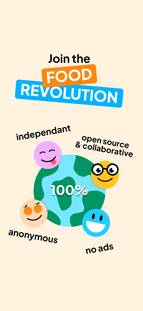 Open Food Facts - Product Scan - Promotional graphic for Open Food Facts titled Join the Food Revolution highlighting its independent open source anonymous and ad free mission