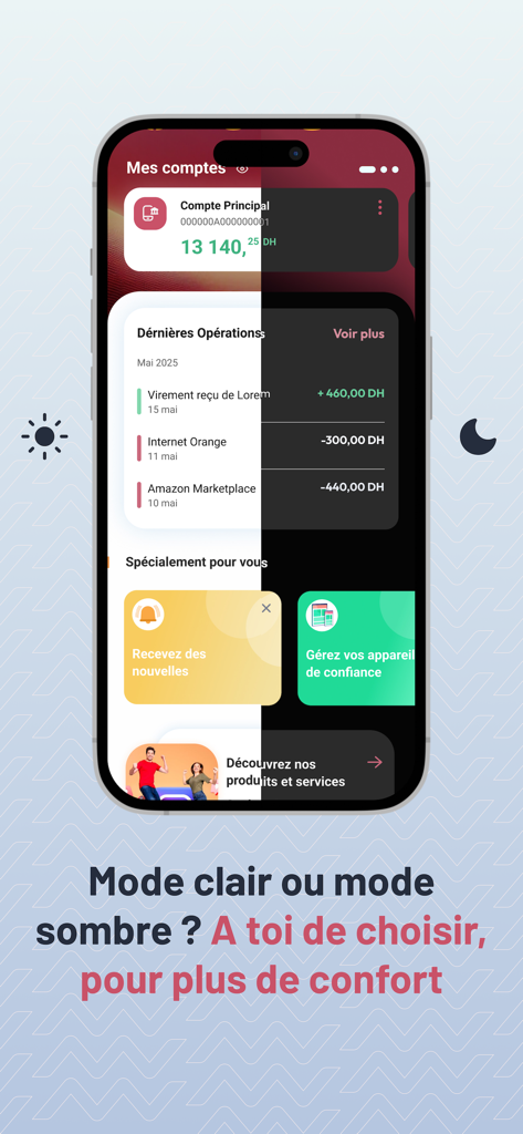 L'bankalik - Lbankalik mobile banking app dashboard showing light and dark mode interface