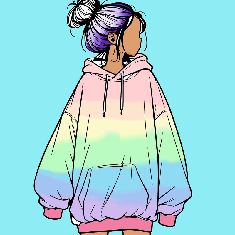 realistic girl with a oversized sweatshirt on and a bun