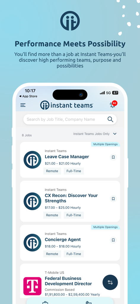Instant Teams Job App - Instant Teams app interface displaying a list of remote job postings including Leave Case Manager and Concierge Agent.