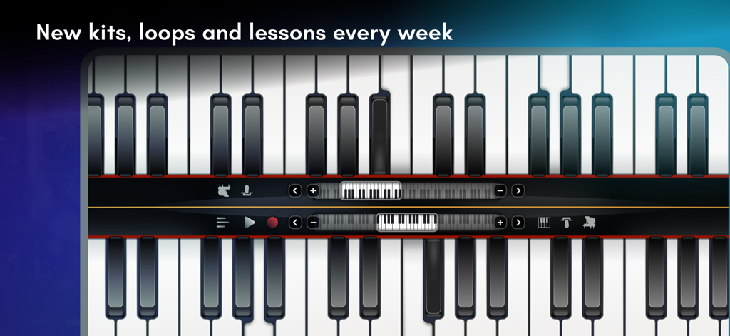 Real Piano electronic keyboard - Double row piano keyboard interface of the Real Piano app with a banner for weekly updates