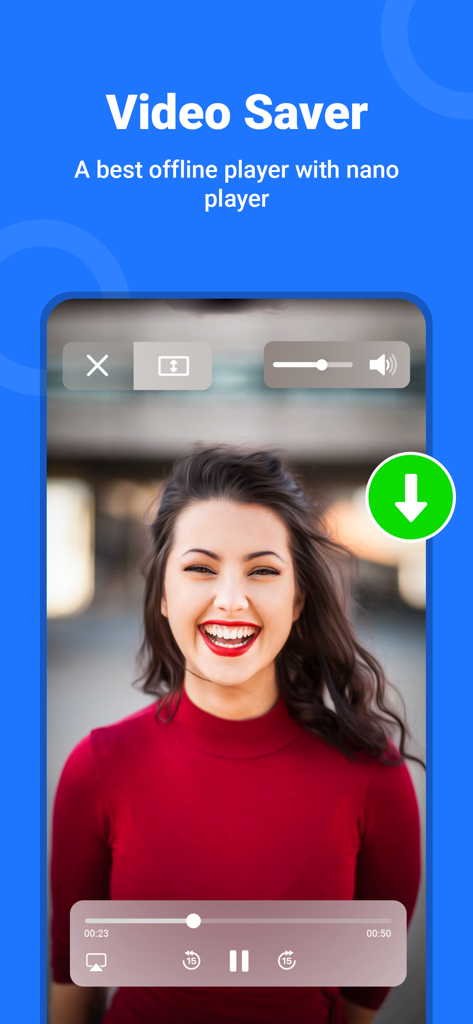 All Video Saver app screen showing a video player interface with a download icon