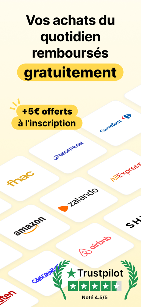 Widilo: Cashback & Codes Promo - Application Widilo affichant le bonus d'inscription et les logos des marques partenaires avec la note Trustpilot