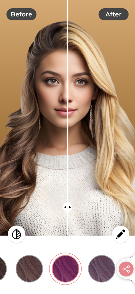 Split screen comparison showing a woman's hair color change from brown to blonde using the app interface