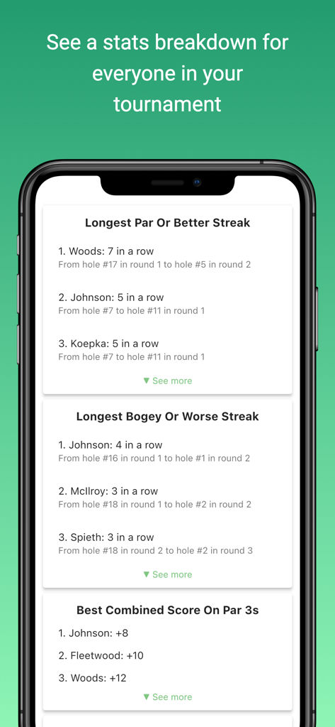 Squabbit - Golf Tournament App - A mobile phone screen showing golf tournament statistics including scoring streaks and best scores on par 3 holes in the Squabbit app