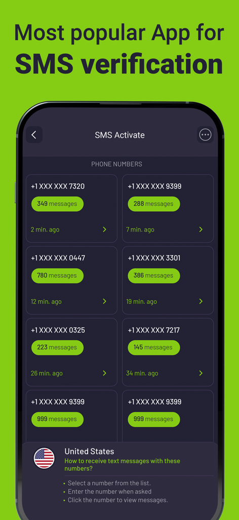 2nd Text app screenshot showing a list of virtual US phone numbers for SMS verification in dark mode with a bright green background.