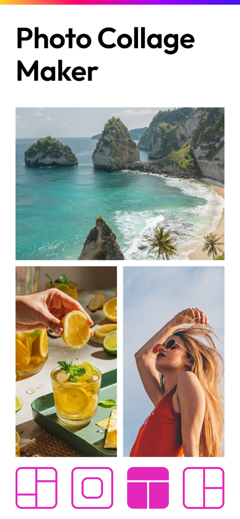 Photo Collage Maker & Pics Art - Photo Collage Maker app interface showing an aesthetic three-photo layout with a beach, a woman, and a drink