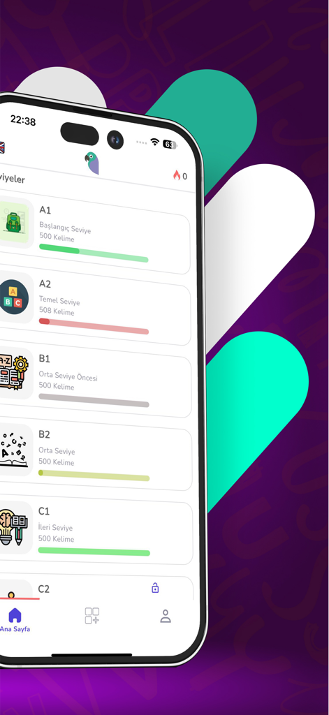 Learn Words Daily on Widget - Language proficiency levels from A1 to C1 with progress bars on the Linguwa app interface