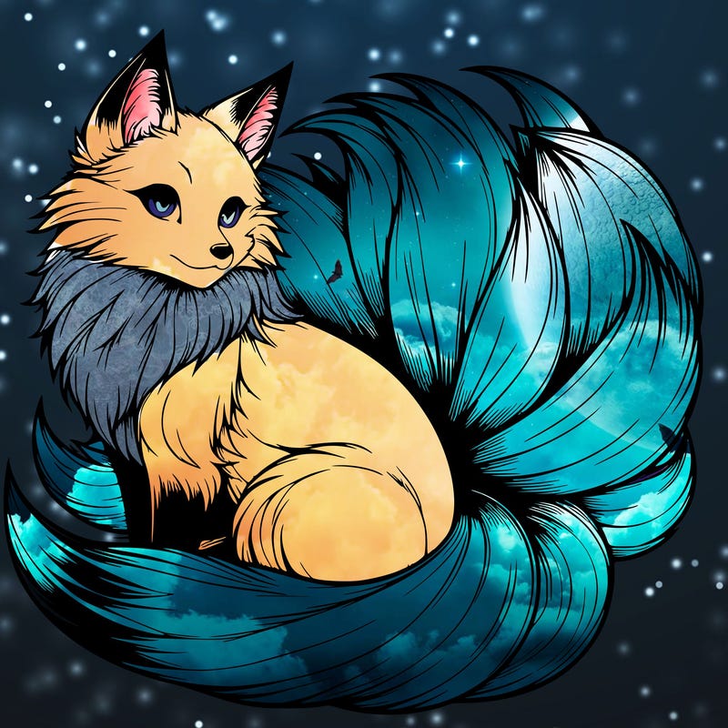 realistic detailed 9 tailed anime fox