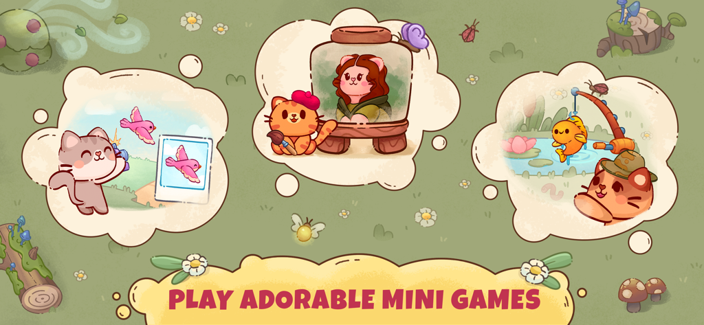 An illustration showing three mini games in the app including a kitten taking photos, painting a portrait, and fishing.
