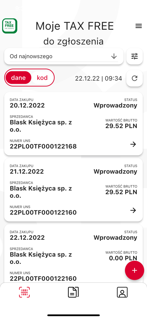 mTAX FREE PL - Mobile App-Bildschirm, der eine Liste digitaler steuerfreier Dokumente mit ihrem Status und ihren Werten anzeigt