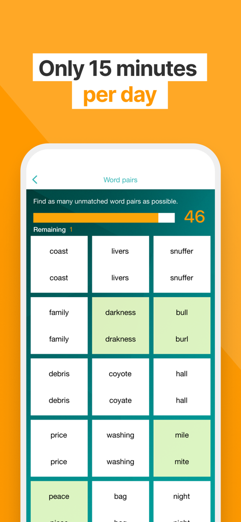 Reading Trainer - Interface de l'application Reading Trainer montrant l'exercice de paires de mots pour une lecture plus rapide