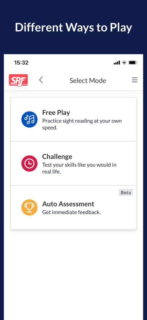 Sight Reading Factory - The Sight Reading Factory app interface showing different practice modes including Free Play Challenge and Auto Assessment.