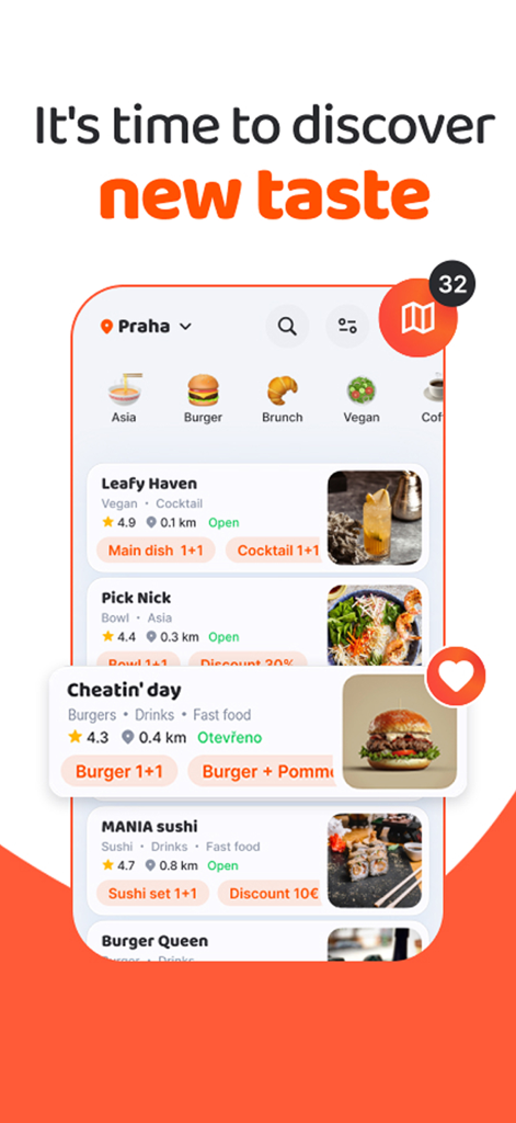 TasteTown app interface showing a list of restaurants with exclusive buy one get one free deals.