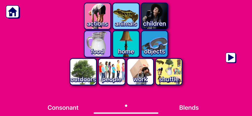 SPELLING MAGIC 2 for Schools - Category selection screen with word themes like animals and food for consonant blends practice