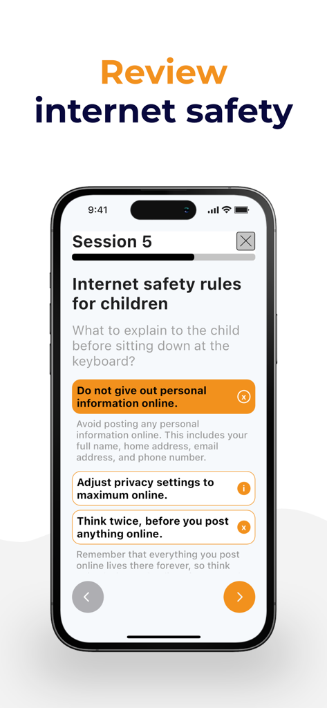 Digital Parenting - Pantalla de la aplicación móvil que muestra reglas de seguridad en Internet y consejos educativos para niños.