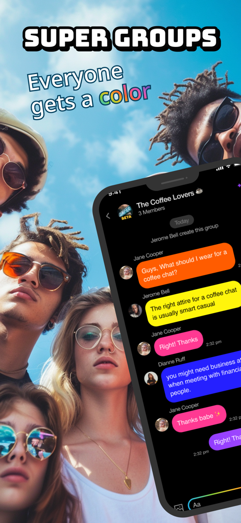 Smartphone screen showing a color-coded group chat in the Superfy app with young people in the background