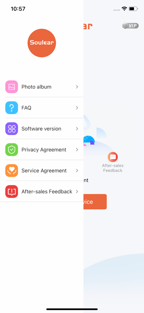 Soulear - Seitennavigationsmenü der Soulear-App mit Optionen für Fotoalbum, FAQ und App-Einstellungen.