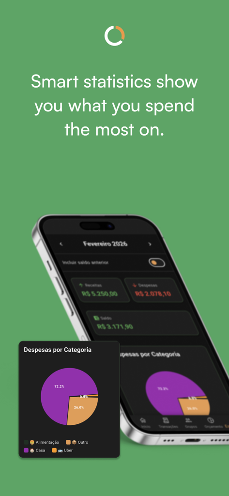 Duo Fin - Budget Planner - Interfaz de la aplicación Duo Fin mostrando estadísticas inteligentes y un gráfico circular de gastos mensuales por categoría.